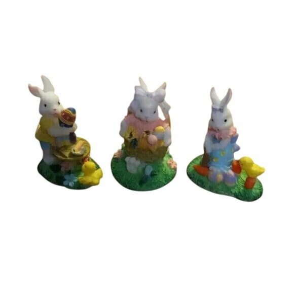 Easter Spring Set Of 5 Hand Painted Bunny Figurines Mini Fence Decor Rabbit - Picture 3 of 15